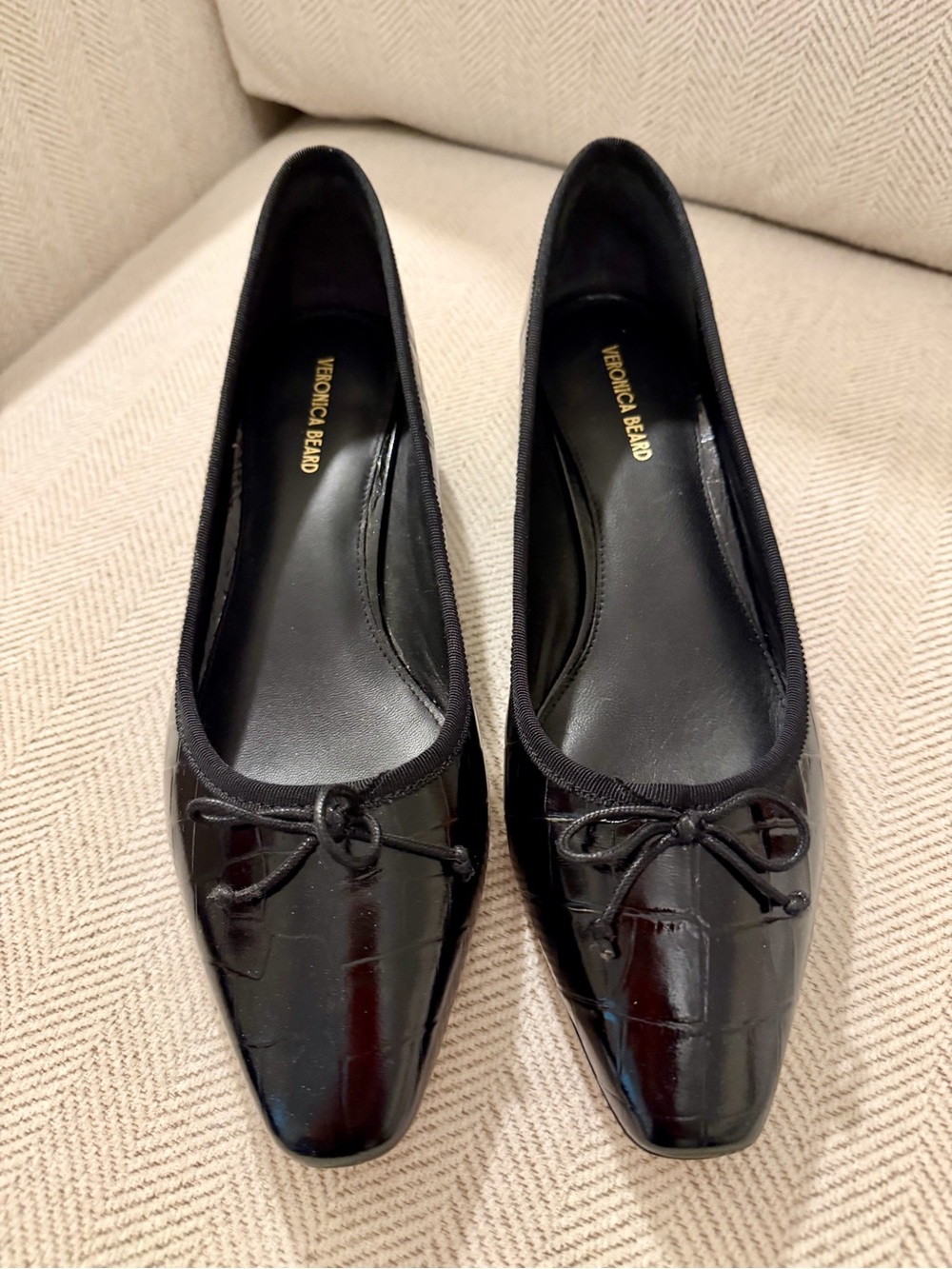Veronica Beard Black Croc-Embossed Cecile Ballet Kitten Heels with Bow Trim